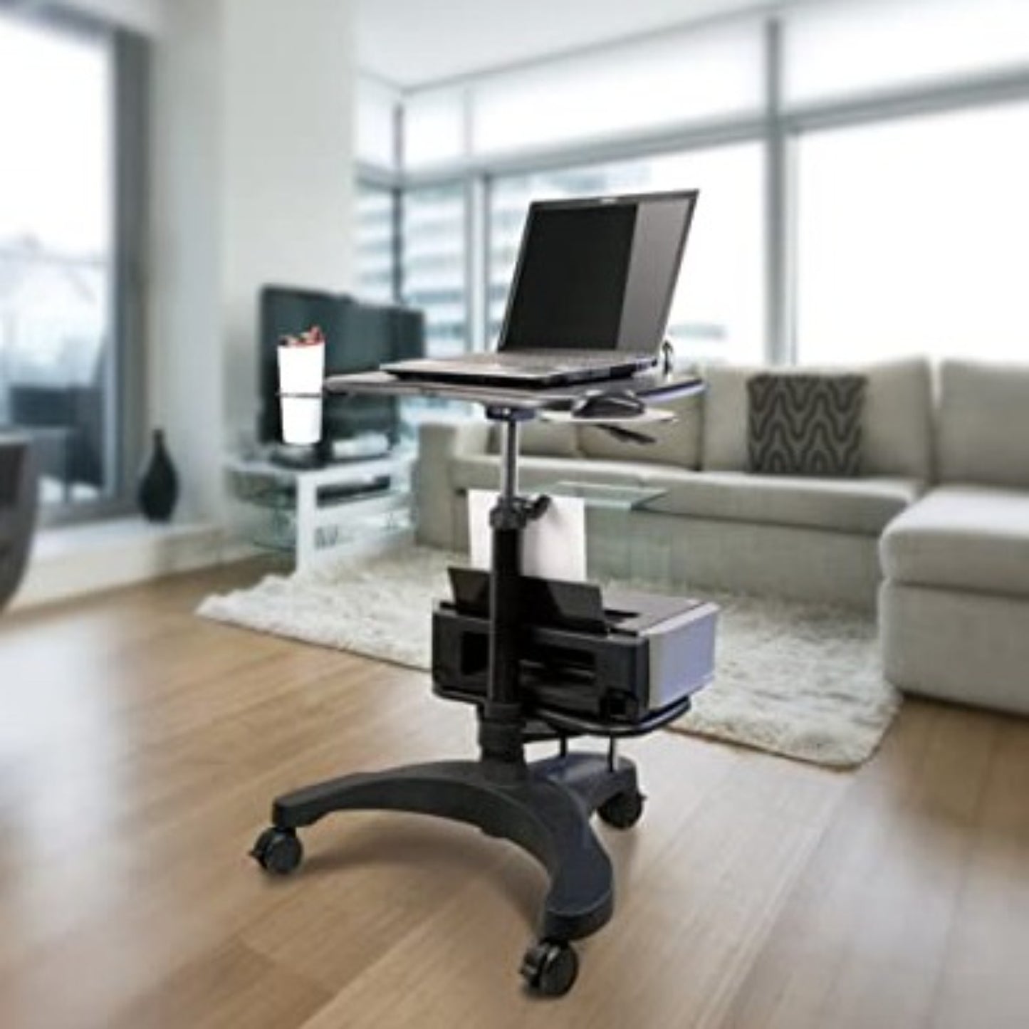 Sit/Stand Mobile Laptop Workstation w/Printer Shelf