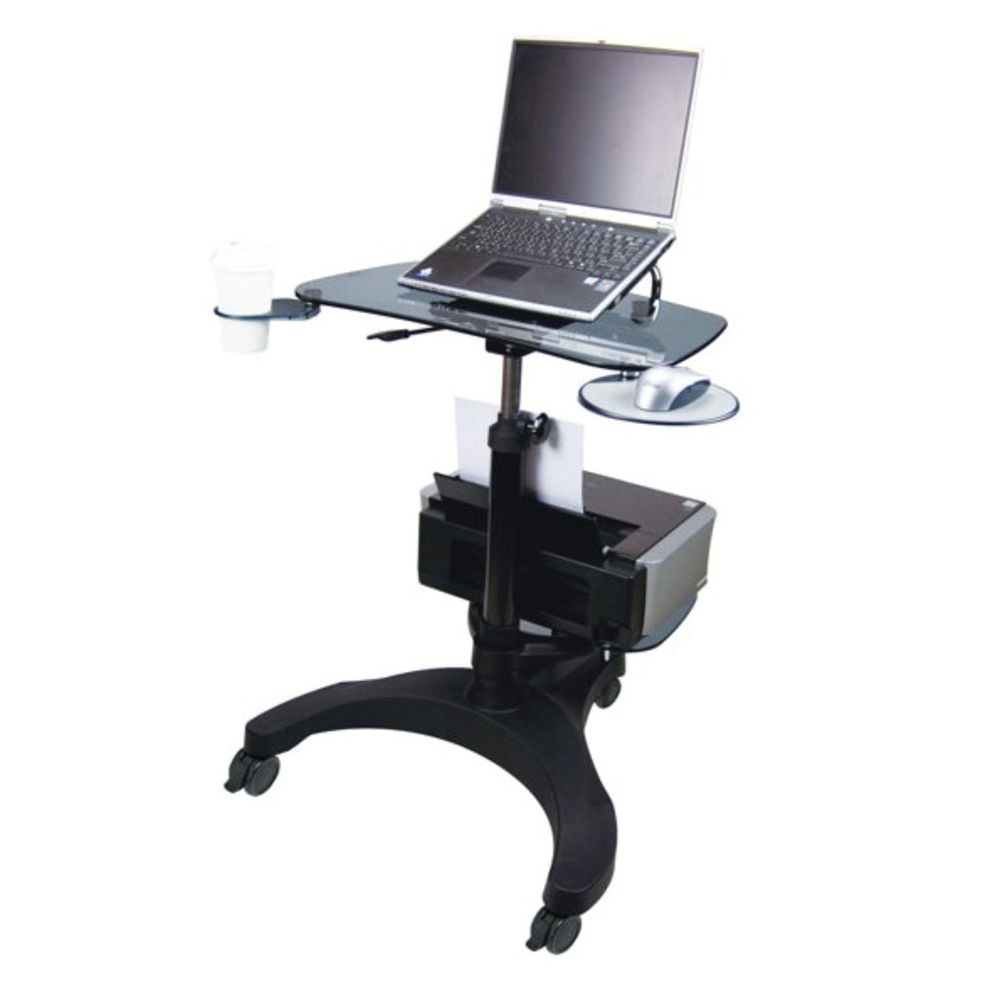 Sit/Stand Mobile Laptop Workstation w/Printer Shelf with Glass top (smoke)